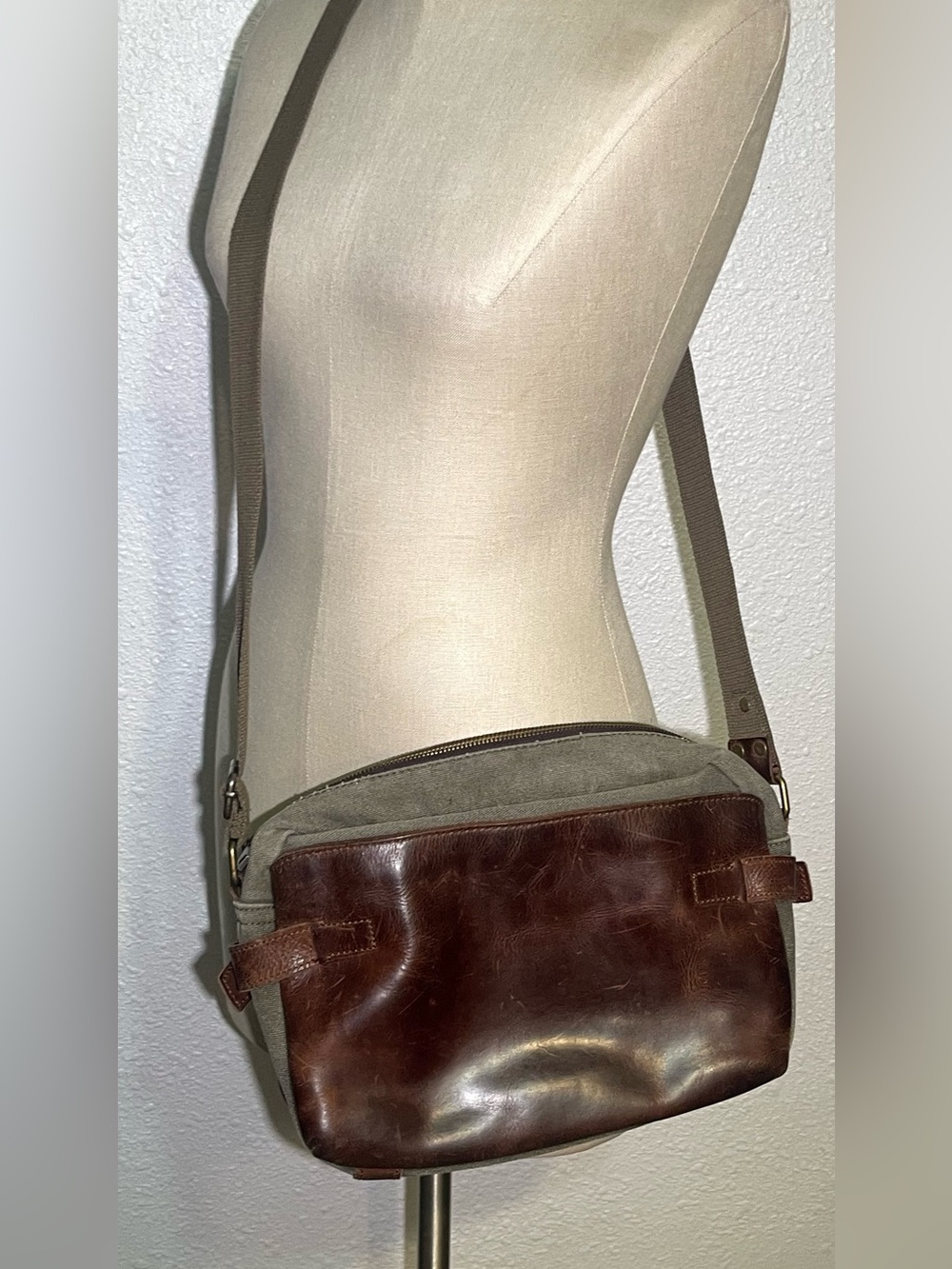 Jesslyn Blake Brown Leather and Olive Canvas Crossbody Bag